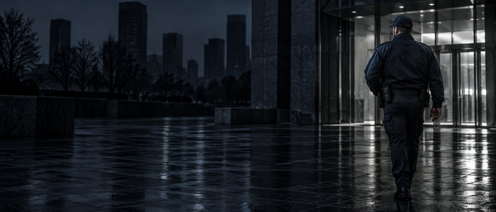 Officer at a corporate plaza entrance