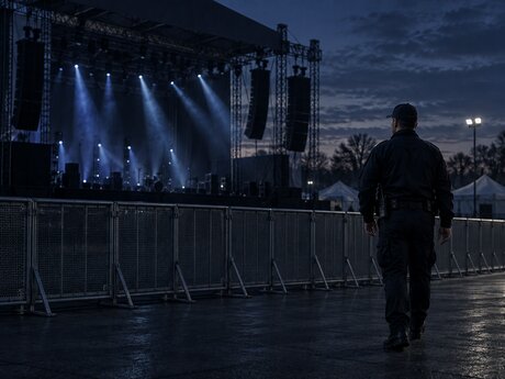Outdoor festival stage behind a barricade line